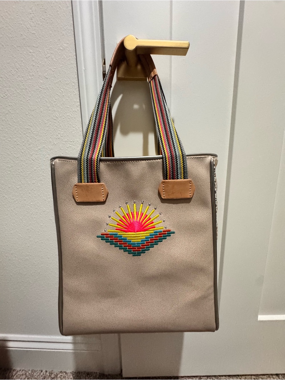 Consuela Beige Tote with Colorful Sunburst Embroidery and Striped Handles